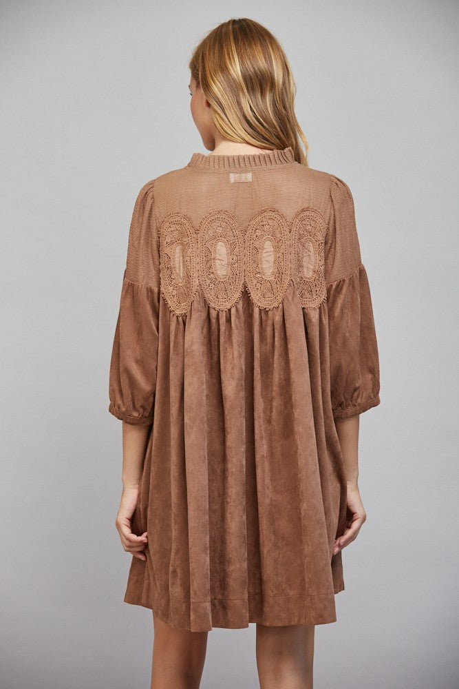 Lace Faux Suede Babydoll Dress