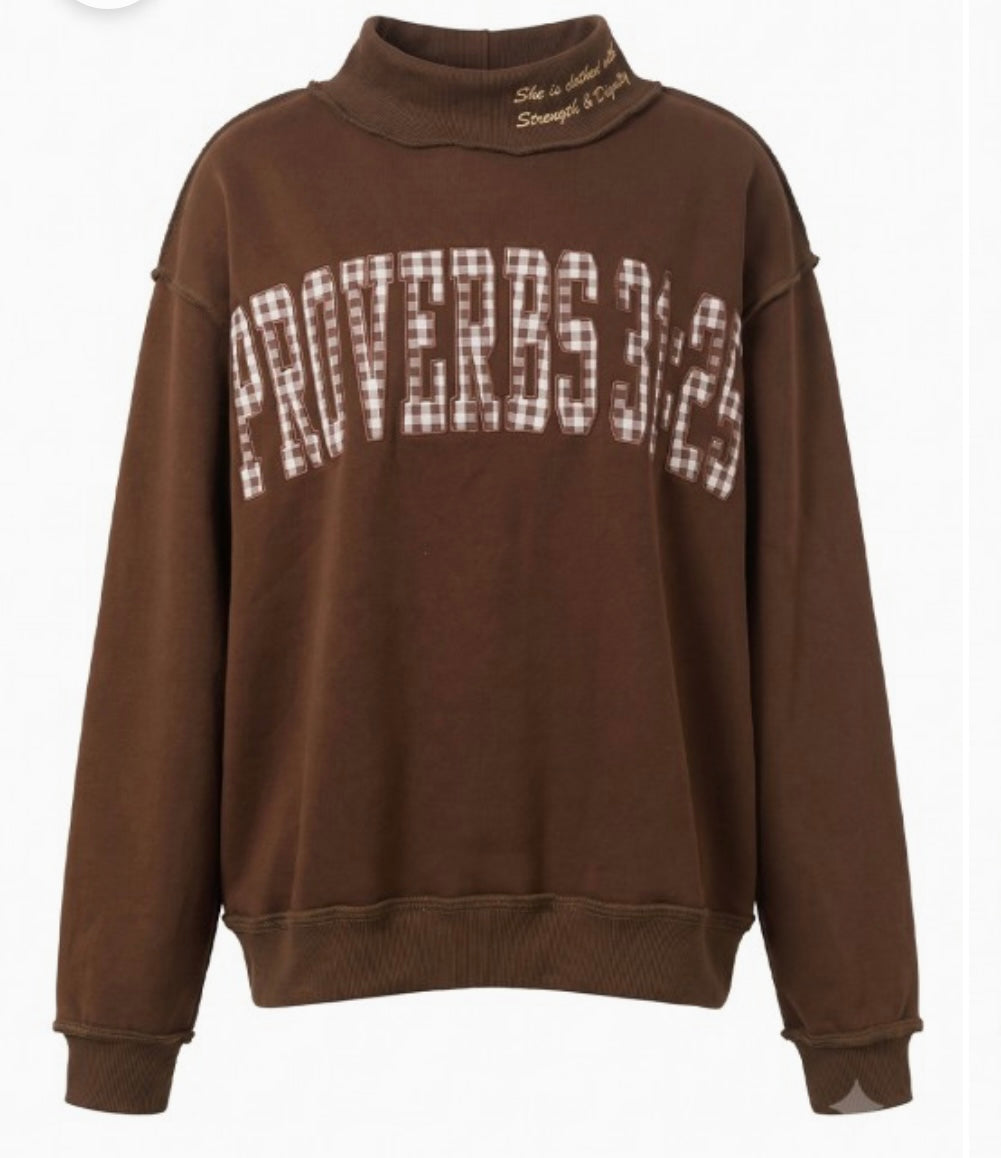 Proverbs Applique Mock Neck Sweatshirt- Brown