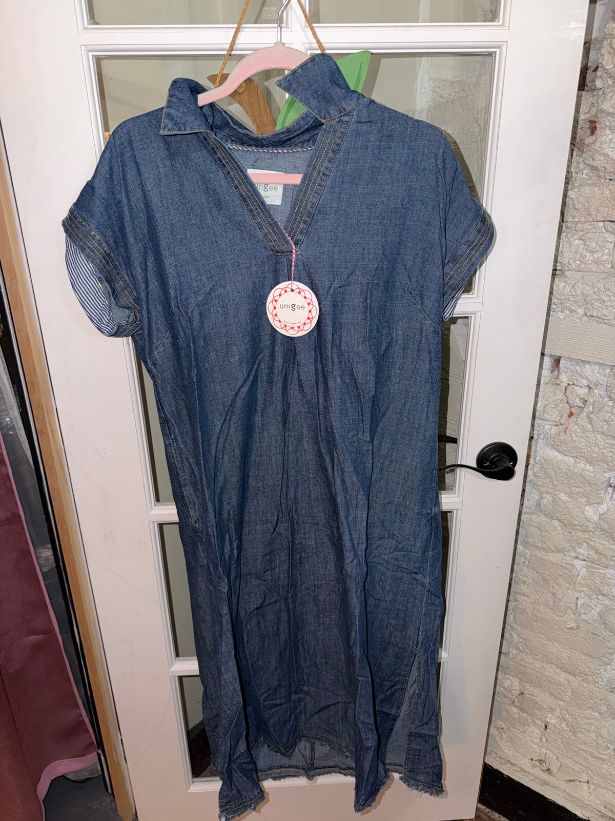Washed Denim Collared Midi Dress