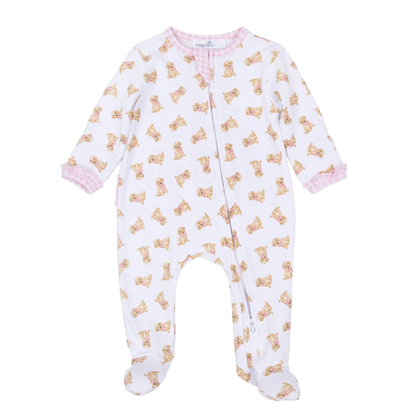 Sweet Golden Print Ruffle Zip Footie- Pink