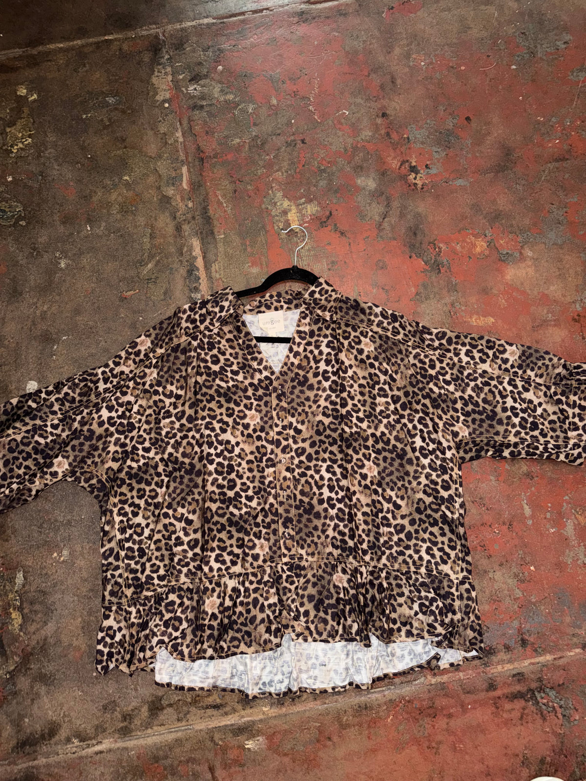Leopard Frilled Hem Button Down Top