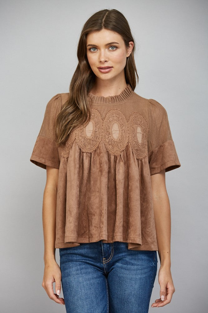 Sheer Mesh Upper Panel Lace Detail- Mocha