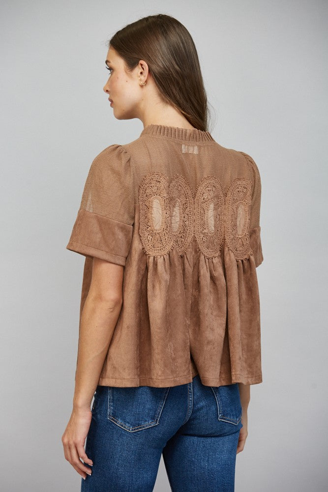 Sheer Mesh Upper Panel Lace Detail- Mocha