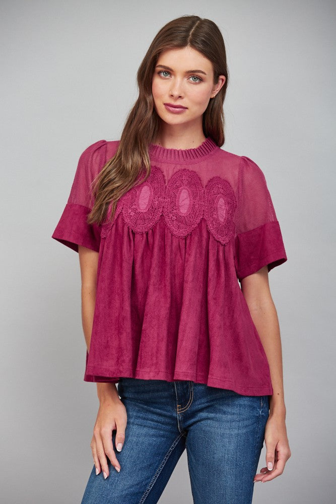 Sheer Mesh Upper Panel Lace Detail- Burgundy