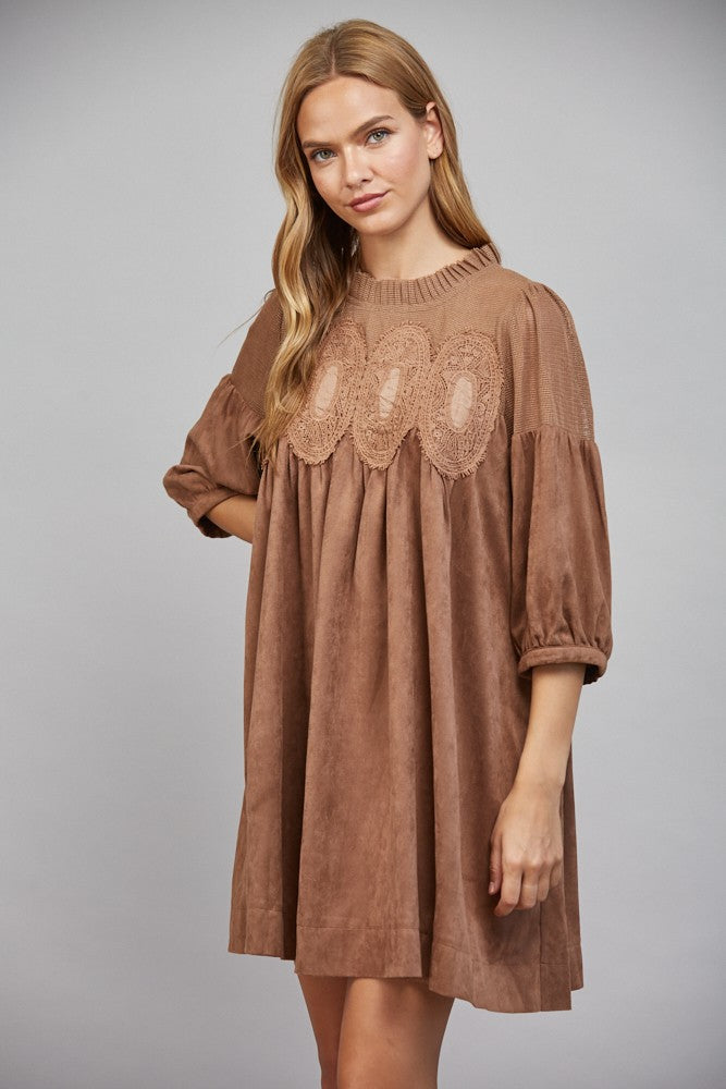 Lace Faux Suede Babydoll Dress