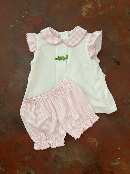 Alligator Girl's Pink Knit Gingham Bloomer Set