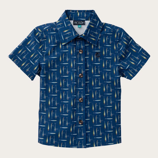 Boy's Short Sleeve Button Down Shirt- Fishing Lures Print
