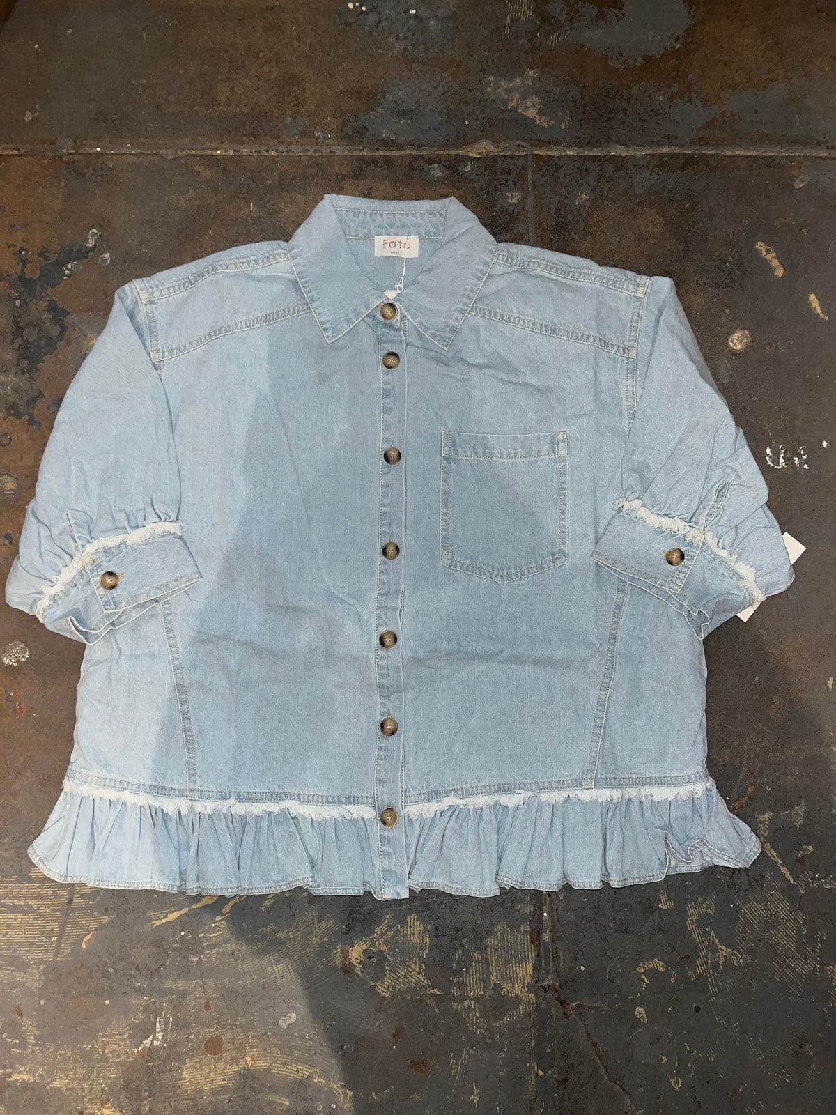 Ruffled Hem Detail Button Up Denim Jacket