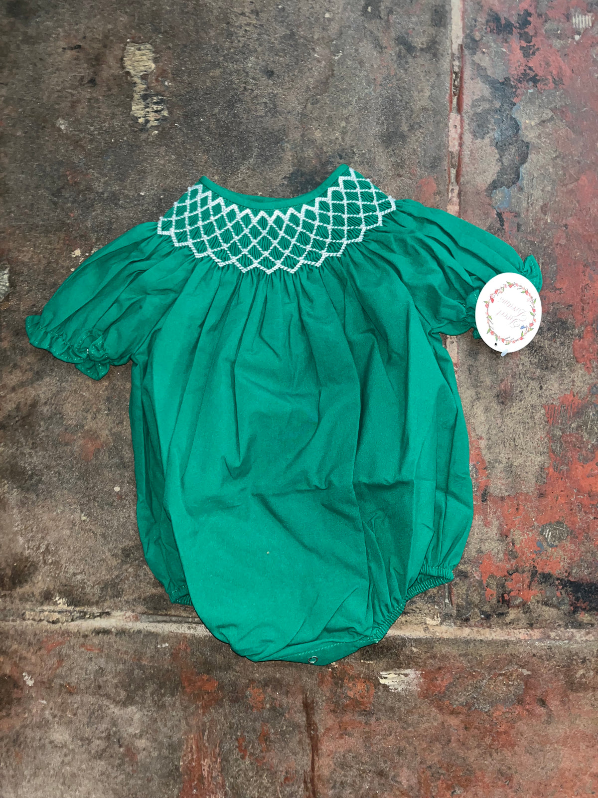 Catherine Hunter Green Smocked Bubble w/ White Pearl