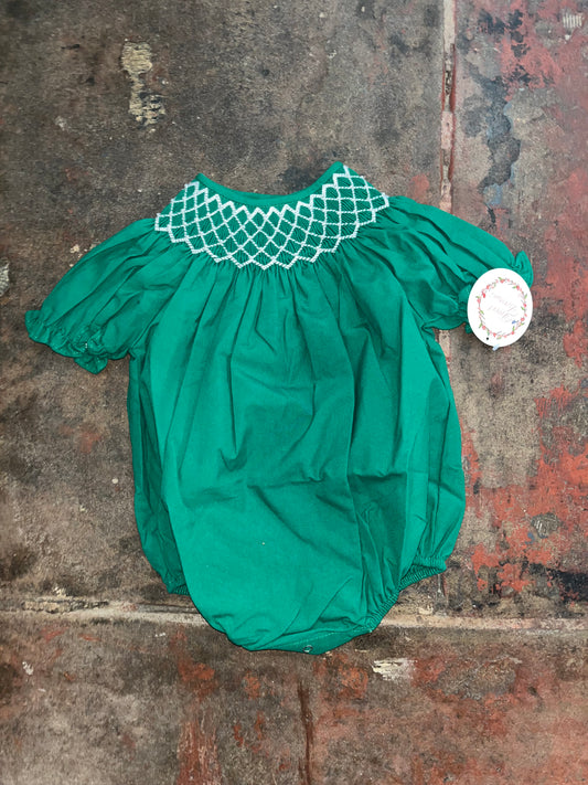 Catherine Hunter Green Smocked Bubble w/ White Pearl