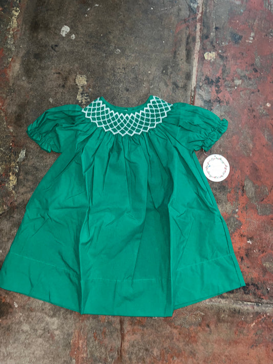 Catherine Hunter Green Smocked Dress w/ White Pearl