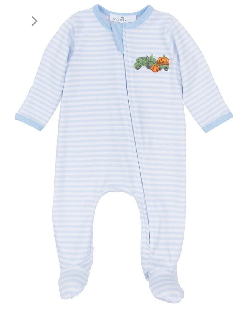 Pumkin Tractor Applique Zip Footie Light Blue