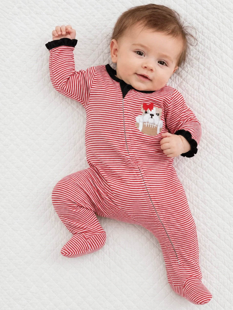 Bulldog Pride Applique Ruffle Zip Footie