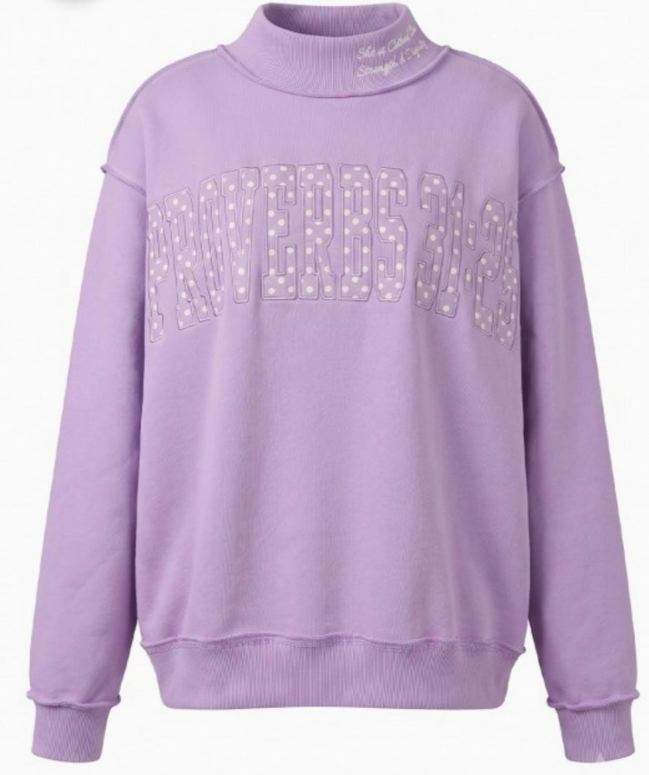 Proverbs Applique Mock Neck Sweatshirt- Lavendar