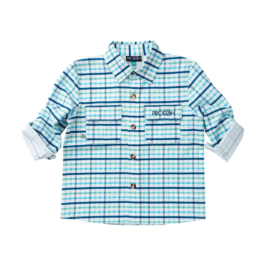 Long Sleeve Founders Kids Fishing Shirt- Marine Green Pawleys Plaid