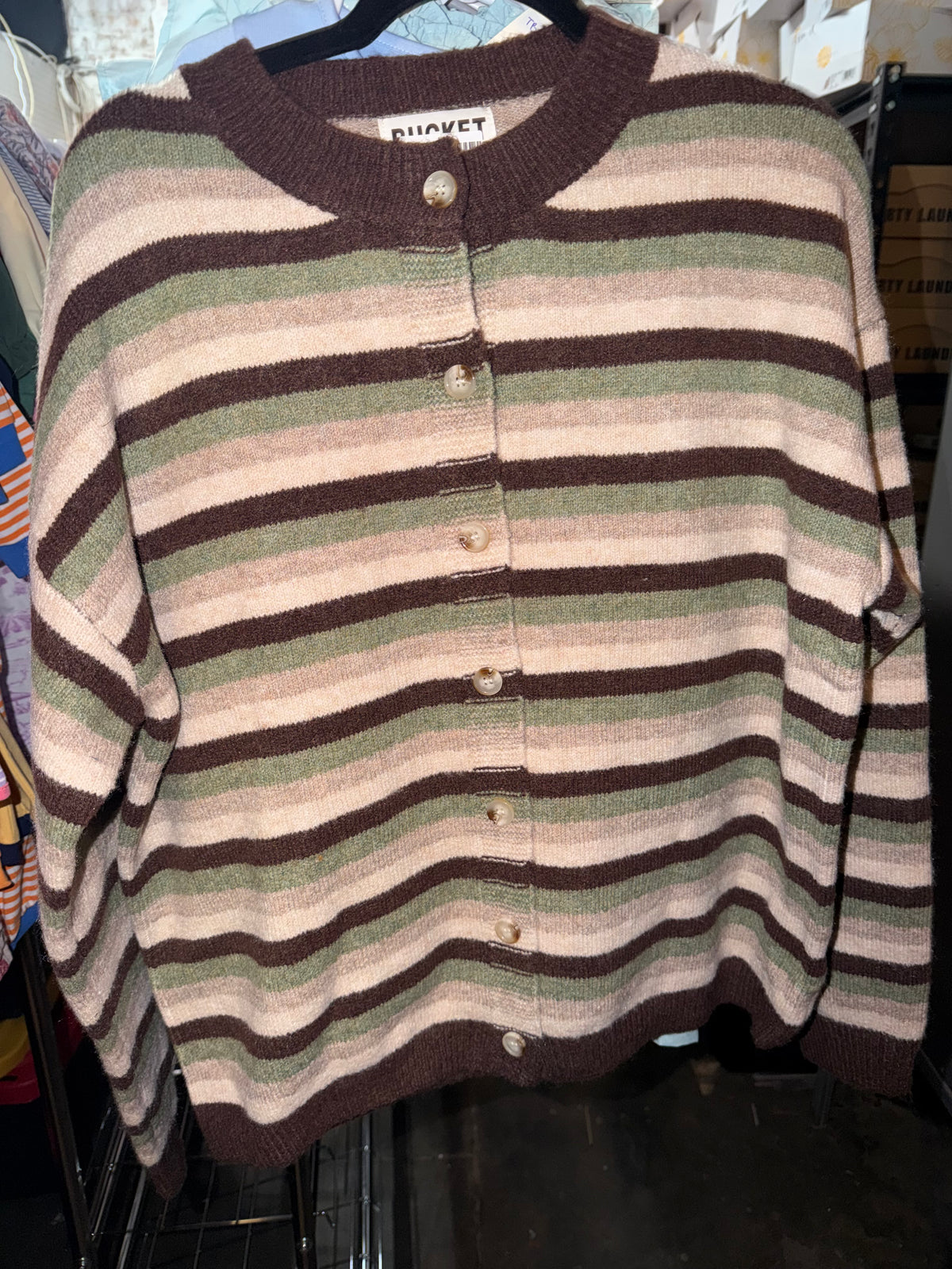 Multi- Stripe Crewneck Knit Cardigan