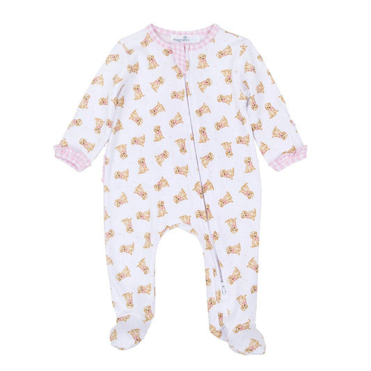 Sweet Golden Print Ruffle Zip Footie- Pink