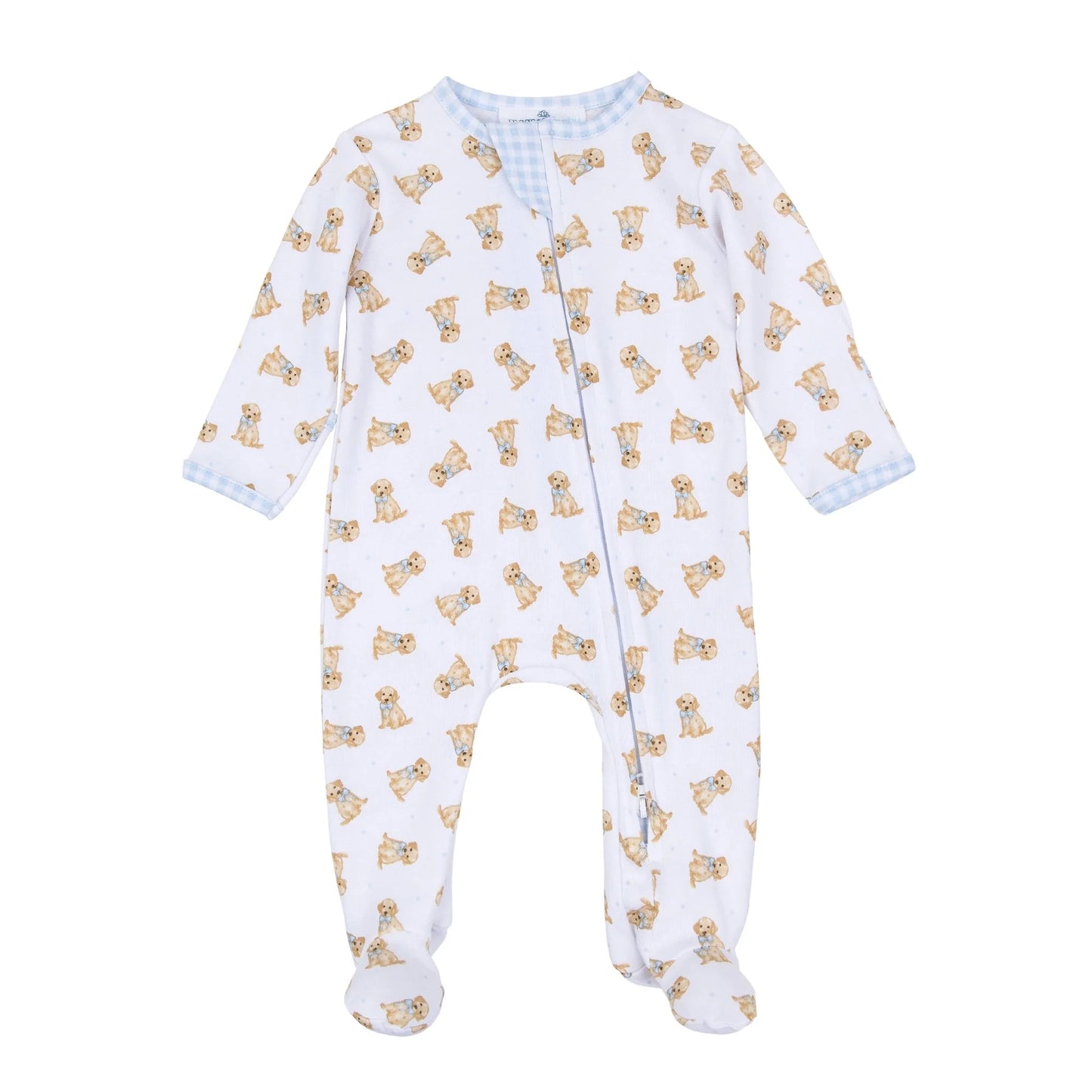 Sweet Golden Print Zip Footie- Light Blue