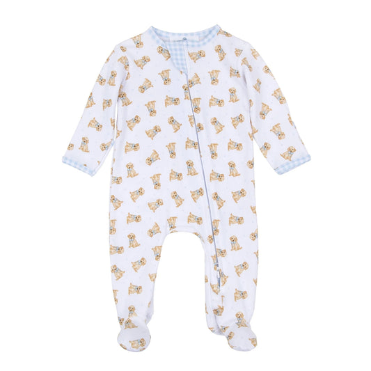 Sweet Golden Print Zip Footie- Light Blue