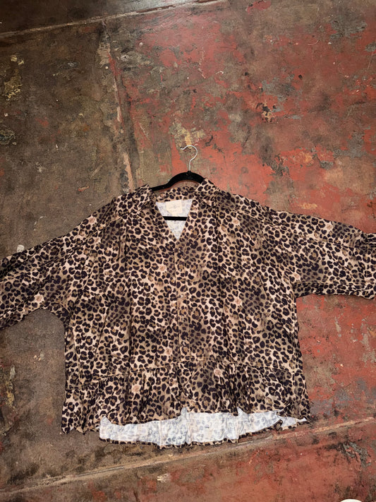 Leopard Frilled Hem Button Down Top