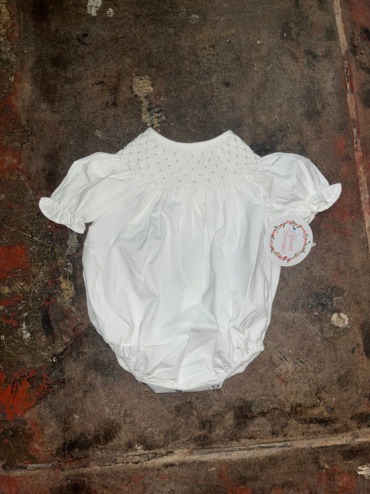 Catherine White Smocked Bubble w/ White Pearl