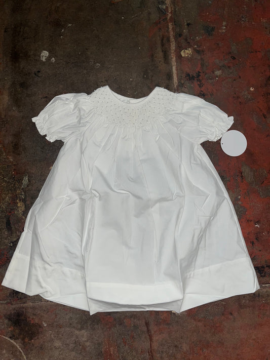 Catherine White Smocked Dress w/ White Pearl