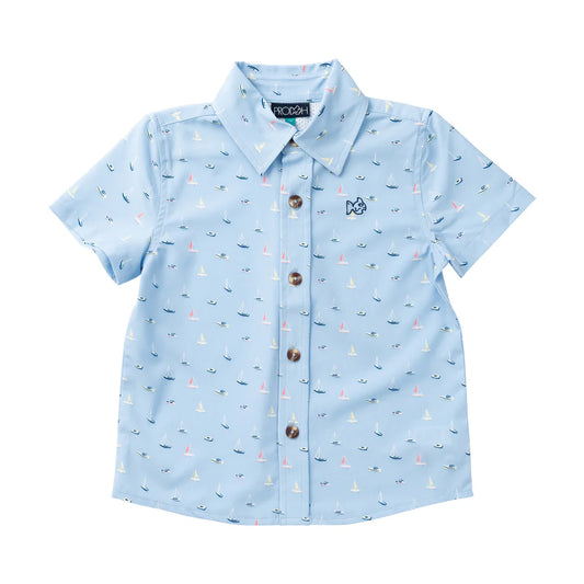 Short Sleeve Button Down Shirt- Windsurfer Boats in the Bay Print