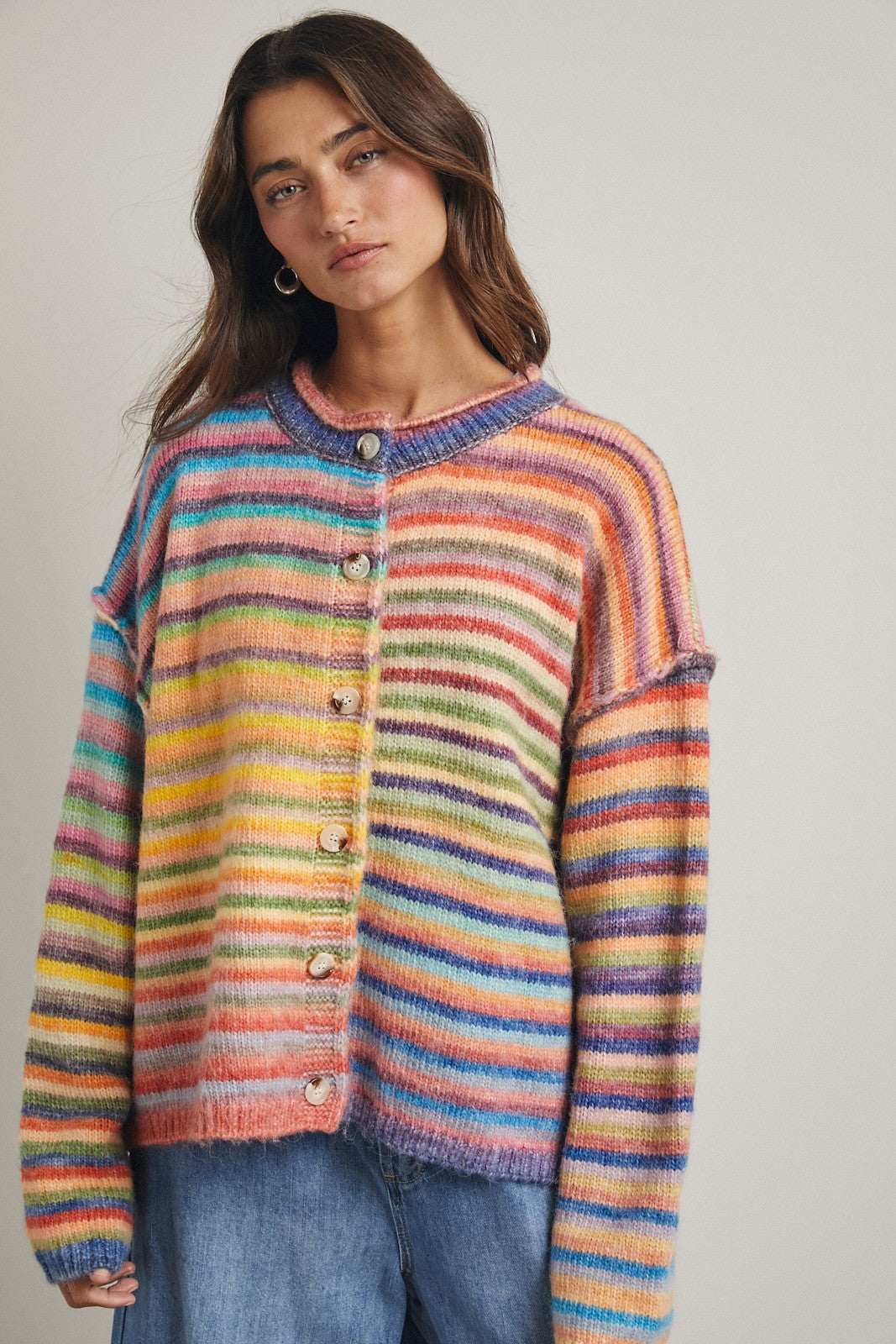 Rainbow Button Up Knit Sweater
